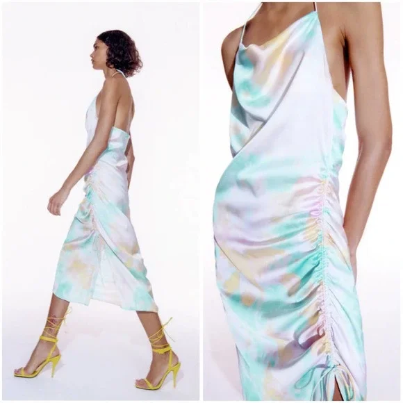 ZARA Satin Tie Dye Camisole Rainbow Side Cinch Strappy Midi Halter Cami Dress - Picture 2 of 15